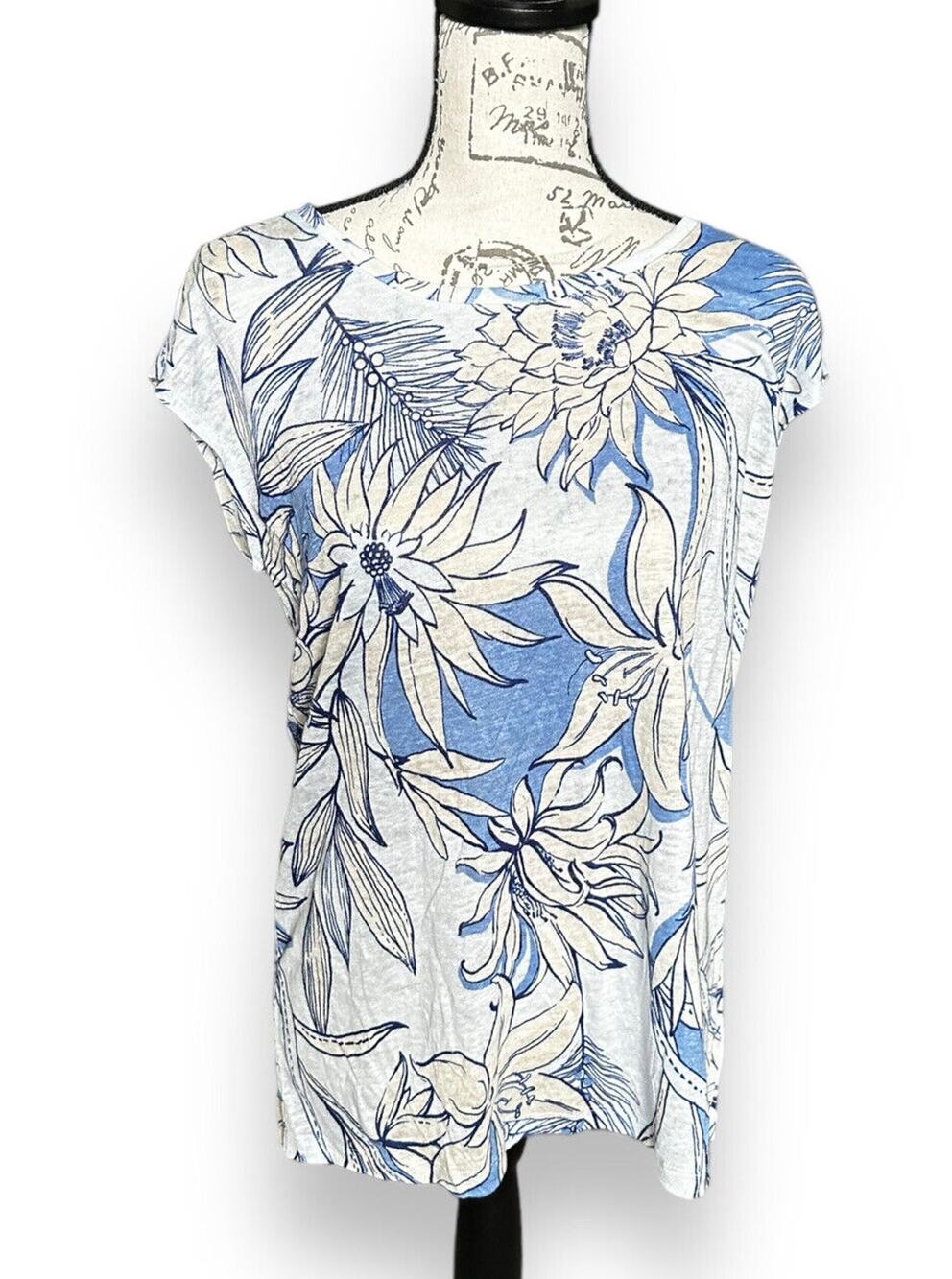 H Halston Blue Floral Linen Button Back Cap Sleeve Top Small